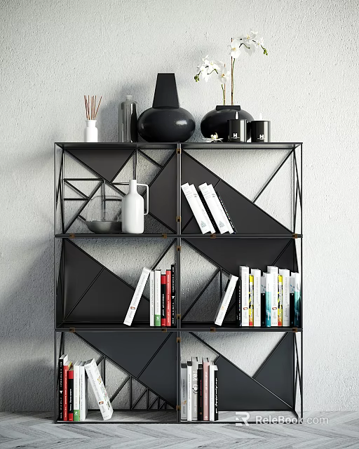 Black Modern Geometric Metal Frame Bookcase With Books And Decorative Items 3d model 