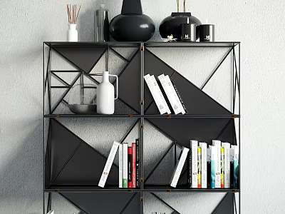 Black Modern Geometric Metal Frame Bookcase With Books And Decorative Items 3d model
