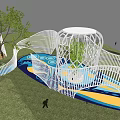 Children's Play Area With White Lattice Structures Trees Green Grass And Blue Play Surface