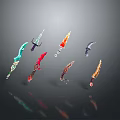 Colorful Fantasy Weapons Display With Multiple Decorative Blades And Intricate Designs