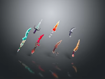 Colorful Fantasy Weapons Display With Multiple Decorative Blades And Intricate Designs 3d model