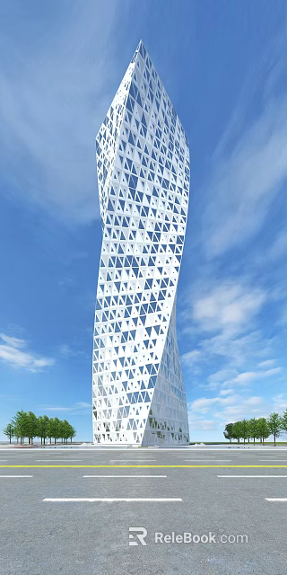 Twisted White Hotel Building With Triangular Geometric Patterns On Facade Against Blue Sky And Clouds 3d model