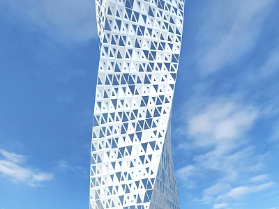 Twisted White Hotel Building With Triangular Geometric Patterns On Facade Against Blue Sky And Clouds 3d model