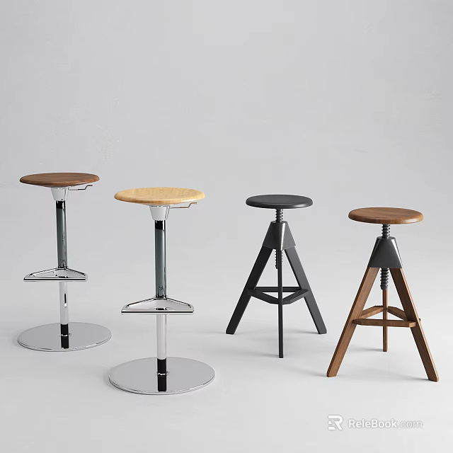 Set Of Modern Bar Stools With Wooden Metal Base And Adjustable Height Design 3d model 
