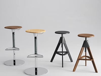 Set Of Modern Bar Stools With Wooden Metal Base And Adjustable Height Design 3d model