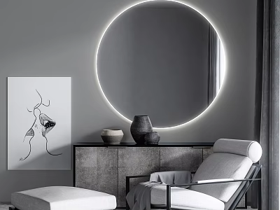 Modern Interior Featuring Lounge Chair Ottoman Round LED Mirror And Gray Wall Artwork 3d model