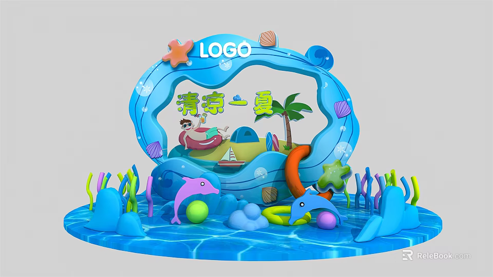 Cool Summer Themed Decorative Scene With Starfish Dolphin Palm Tree And Colorful Balls 3d model 