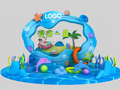 Cool Summer Themed Decorative Scene With Starfish Dolphin Palm Tree And Colorful Balls 3d model