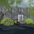 Tranquil Garden Feature With Stone Wall Waterfall Pool Trees And Reflections 3d model
