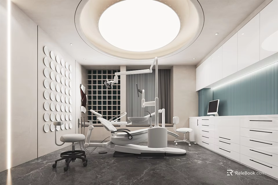 Modern Hospital Clinic Interior With Round Ceiling Light Dental Chair Medical Equipment And White Cabinets 3d model 