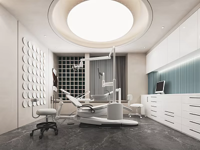 Modern Hospital Clinic Interior With Round Ceiling Light Dental Chair Medical Equipment And White Cabinets 3d model