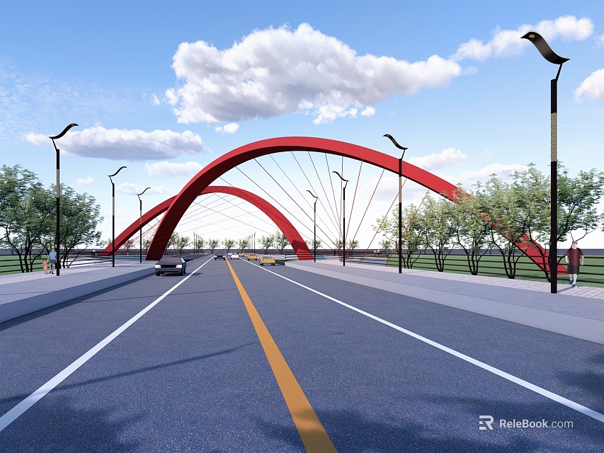 Red Arch Landscape Bridge with Street Lamps Trees and Vehicles on Road Under Blue Sky 3d model 