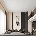 Modern Living Dining Room Featuring Floor To Ceiling Windows Dark Curtains And Feather Wall Decor