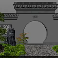 Traditional Chinese Garden Moon Gate With Tiled Roof Lattice Windows And Pine Tree