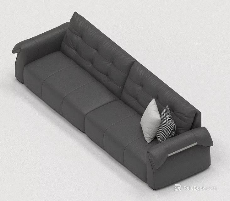 Comfortable Modern Gray Leather Three Seater Sofa With Two Decorative Pillows 3d model