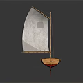Sailboat Model With Wooden Hull White Sail Red Stand On Gray Background
