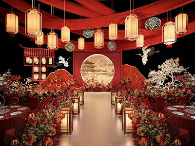 Chinese Style Banquet Hall With Red Decor Hanging Lanterns Crane Decorations Circular Backdrop And Floral Arrangements 3d model
