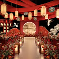 Chinese Style Banquet Hall With Red Decor Hanging Lanterns Crane Decorations Circular Backdrop And Floral Arrangements