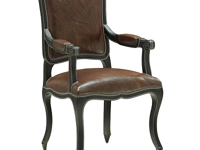Brown Leather Leisure Chair With Dark Carved Frame Armrests And Curved Legs 3d model