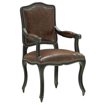 Brown Leather Leisure Chair With Dark Carved Frame Armrests And Curved Legs 3d model