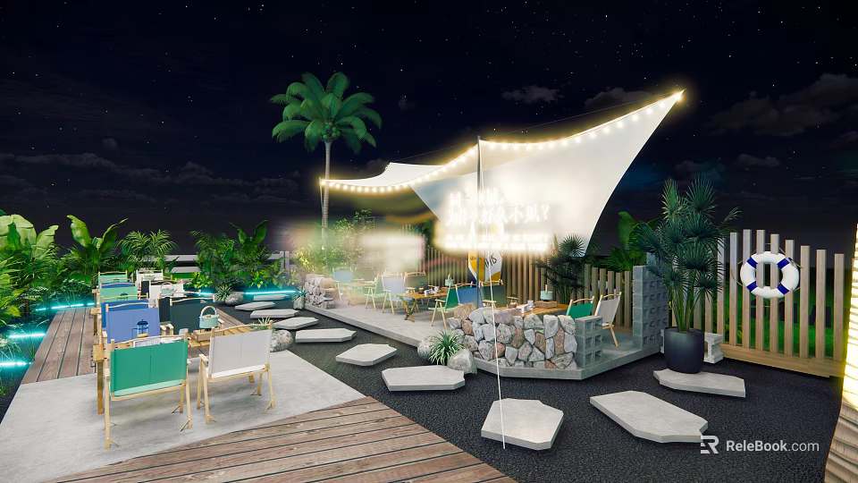 Nighttime Outdoor Bar With Palm Tree Canopy String Lights Wooden Deck And Seating 3d model 