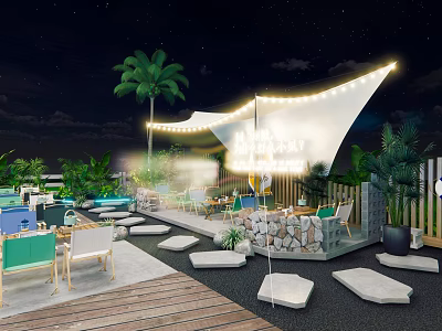 Nighttime Outdoor Bar With Palm Tree Canopy String Lights Wooden Deck And Seating 3d model