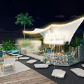 Nighttime Outdoor Bar With Palm Tree Canopy String Lights Wooden Deck And Seating