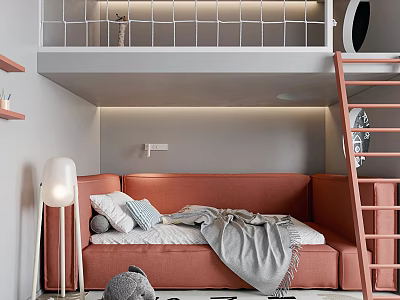 Cozy Kids Room Interior With Loft Bed Ladder Orange Daybed And Stuffed Toy 3d model