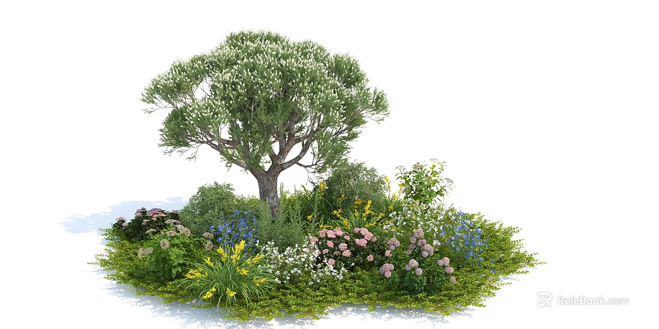 Vibrant Garden Shrubs With Pink Blue Yellow Flowers And Green Herbs Under Tree 3d model 