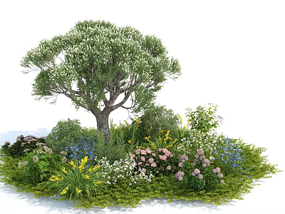 Vibrant Garden Shrubs With Pink Blue Yellow Flowers And Green Herbs Under Tree 3d model