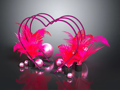 Pink Feather Plants In Heart Shaped Frame With Pink Spheres And Black Base 3d model
