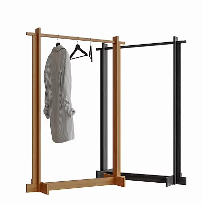 Modern Wooden And Black Clothes Rack With Hanging Clothes Minimalist Design For Garment Storage 3d model