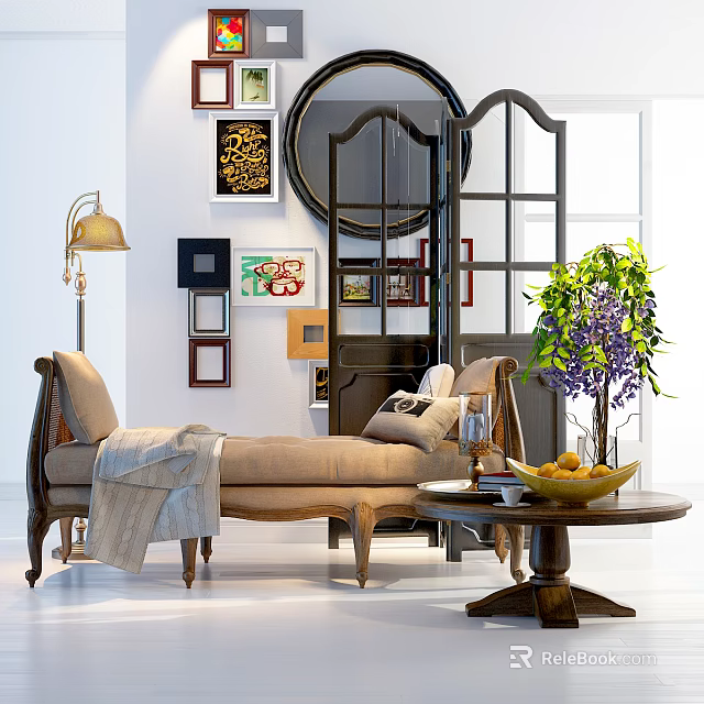 Beige Sofa Bench With Wooden Legs In Living Room With Mirror And Decorative Frames 3d model 