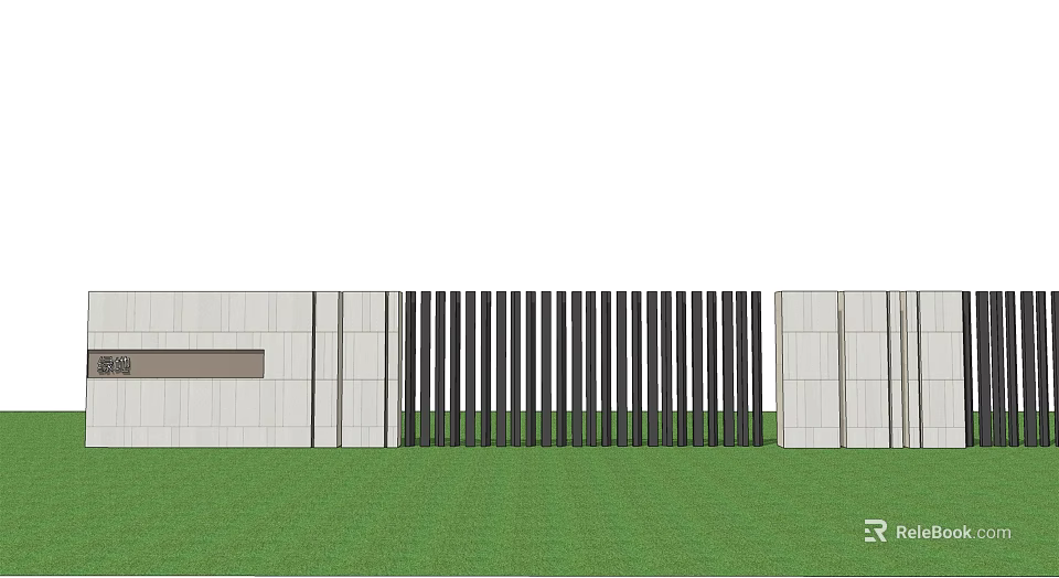 Modern Feature Wall Design With Light Panels Black Slats And Green Lawn 3d model 