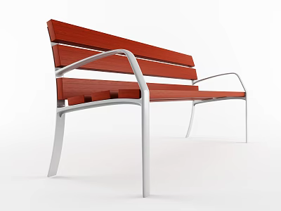 Modern Outdoor Bench With Red Wooden Slats And Silver Metal Frame 3d model