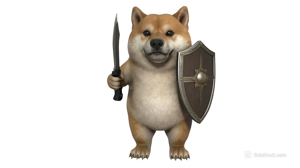 Cute Shiba Inu Dog Standing Holding Sharp Knife And Metal Shield 3d model 