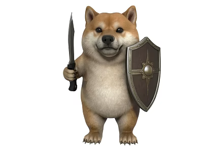 Cute Shiba Inu Dog Standing Holding Sharp Knife And Metal Shield 3d model