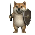 Cute Shiba Inu Dog Standing Holding Sharp Knife And Metal Shield