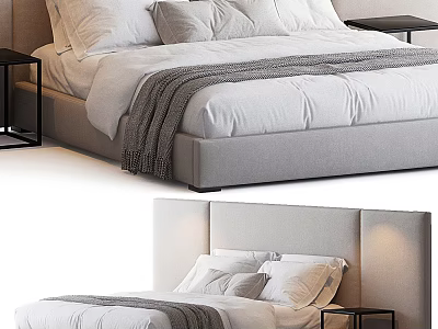 Modern Minimalist Double Bed With Upholstered Headboard White Pillows Gray Blanket And Black Nightstand 3d model