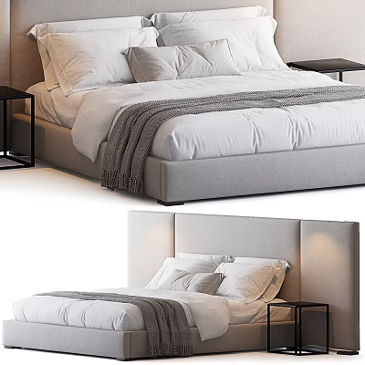 Modern Minimalist Double Bed With Upholstered Headboard White Pillows Gray Blanket And Black Nightstand 3d model
