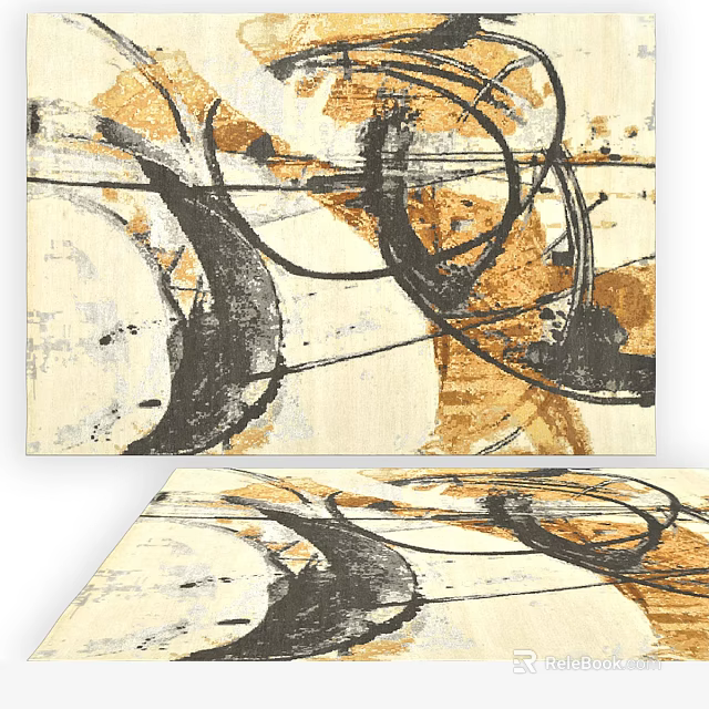 Abstract Art Square Rug With Black Brown Curves And Beige Background Design 3d model 