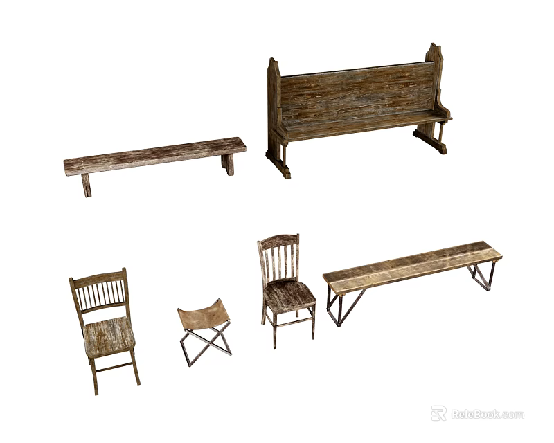 Rustic Wooden Single Chair With Matching Benches In Vintage Furniture 3d model 