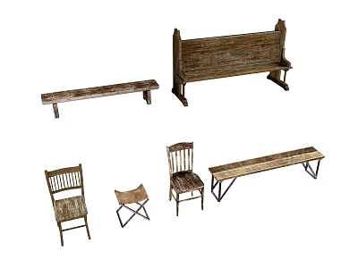 Rustic Wooden Single Chair With Matching Benches In Vintage Furniture 3d model