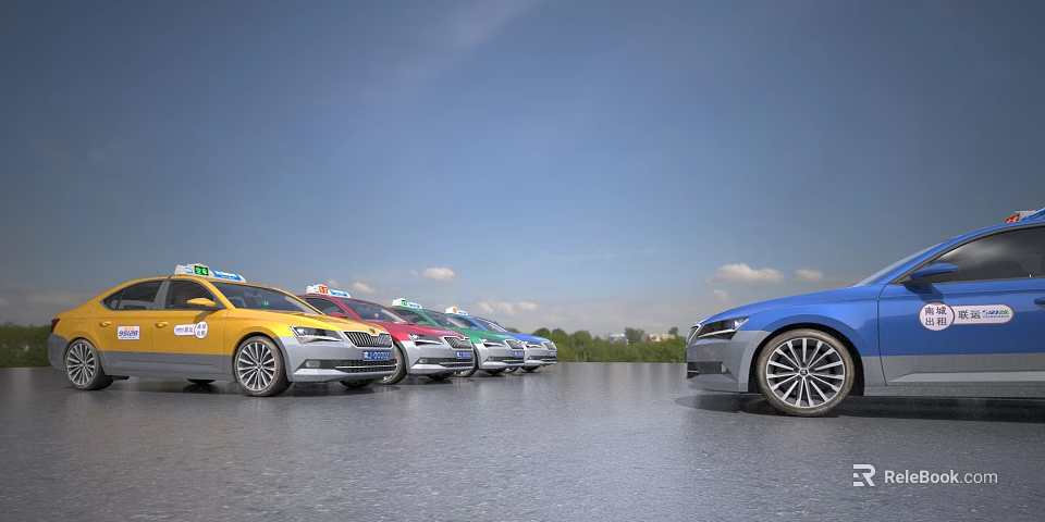 Colorful Cars Including Taxi Parked On Open Road With Blue Sky Background 3d model 