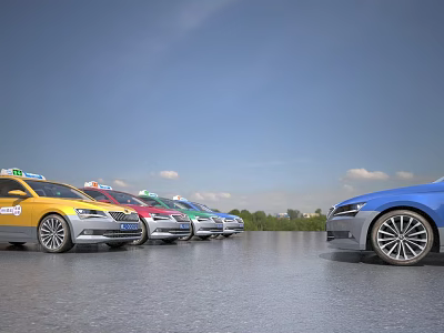 Colorful Cars Including Taxi Parked On Open Road With Blue Sky Background 3d model