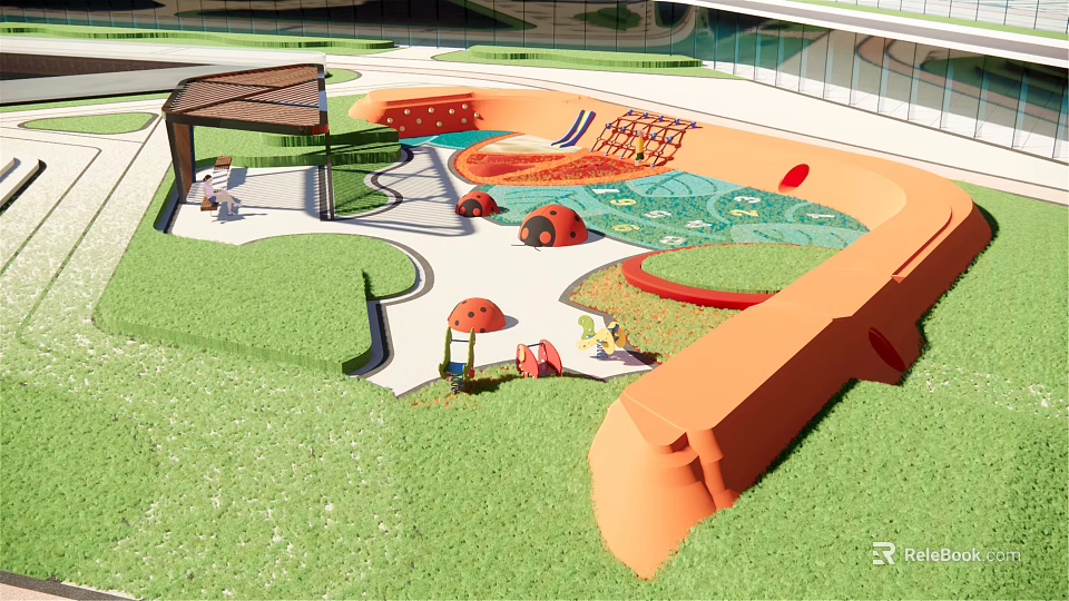 Vibrant Children's Play Area With Slide Mushroom Shaped Structures Colorful Floor And Green Lawn 3d model 