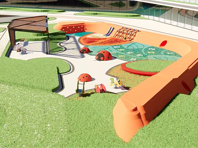 Vibrant Children's Play Area With Slide Mushroom Shaped Structures Colorful Floor And Green Lawn 3d model