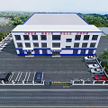 Aerial View of White Office Building With Blue Accents Along Road Trees and White Clouds