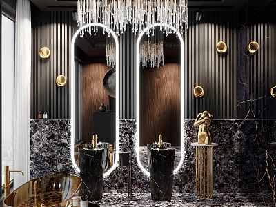Modern Bathroom Interior Design With Double Mirrors Crystal Chandelier And Gold Accents 3d model