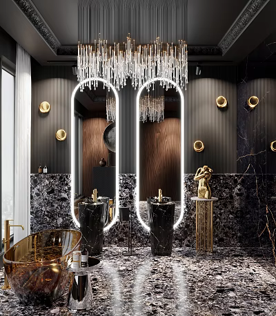 Modern Bathroom Interior Design With Double Mirrors Crystal Chandelier And Gold Accents 3d model